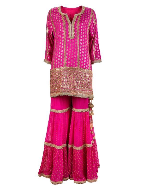 Sonia Ahuja | Magenta | Stitched | Designer Wear | Kurta + Dupatta + Garara | 3 pc set