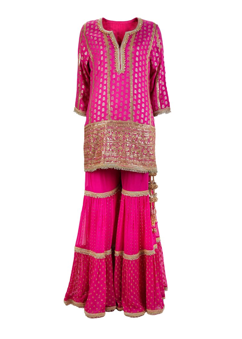 Sonia Ahuja | Magenta | Stitched | Designer Wear | Kurta + Dupatta + Garara | 3 pc set