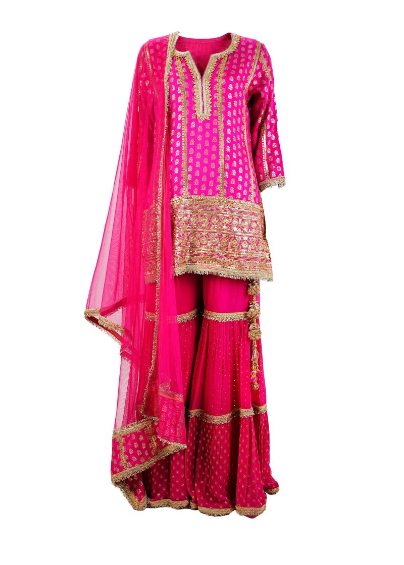 Sonia Ahuja | Magenta | Stitched | Designer Wear | Kurta + Dupatta + Garara | 3 pc set