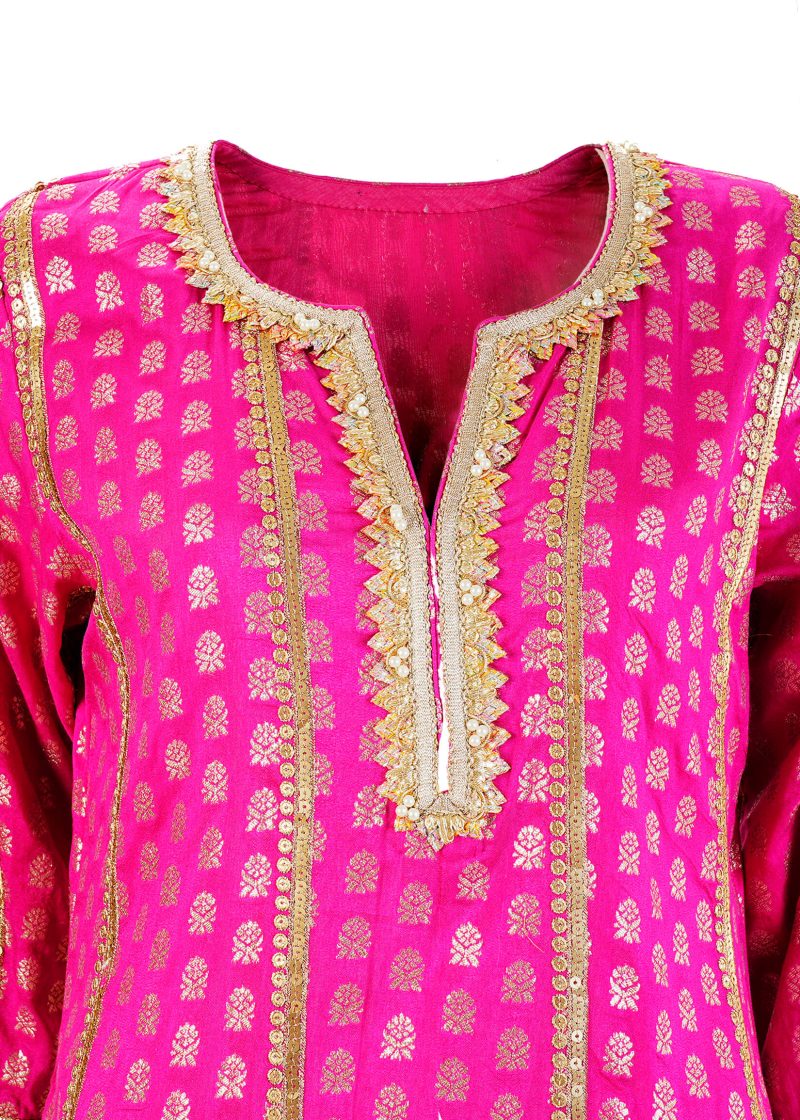 Sonia Ahuja | Magenta | Stitched | Designer Wear | Kurta + Dupatta + Garara | 3 pc set