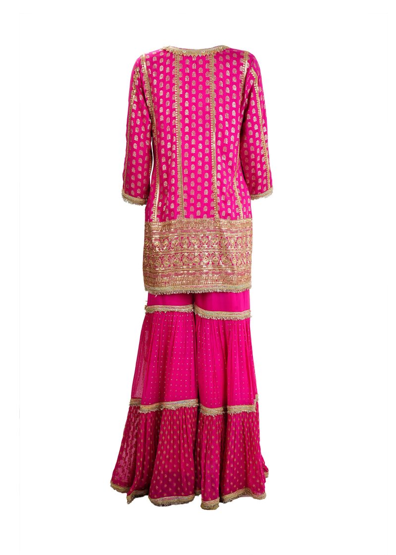 Sonia Ahuja | Magenta | Stitched | Designer Wear | Kurta + Dupatta + Garara | 3 pc set