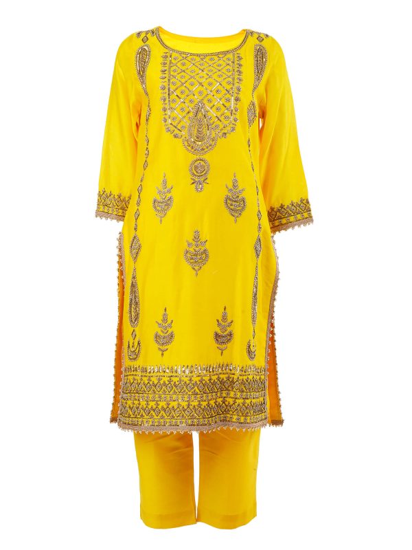 Sonia Ahuja | Yellow | Stitched | Designer Wear | Kurta + Dupatta + Trouser | 3 pc set