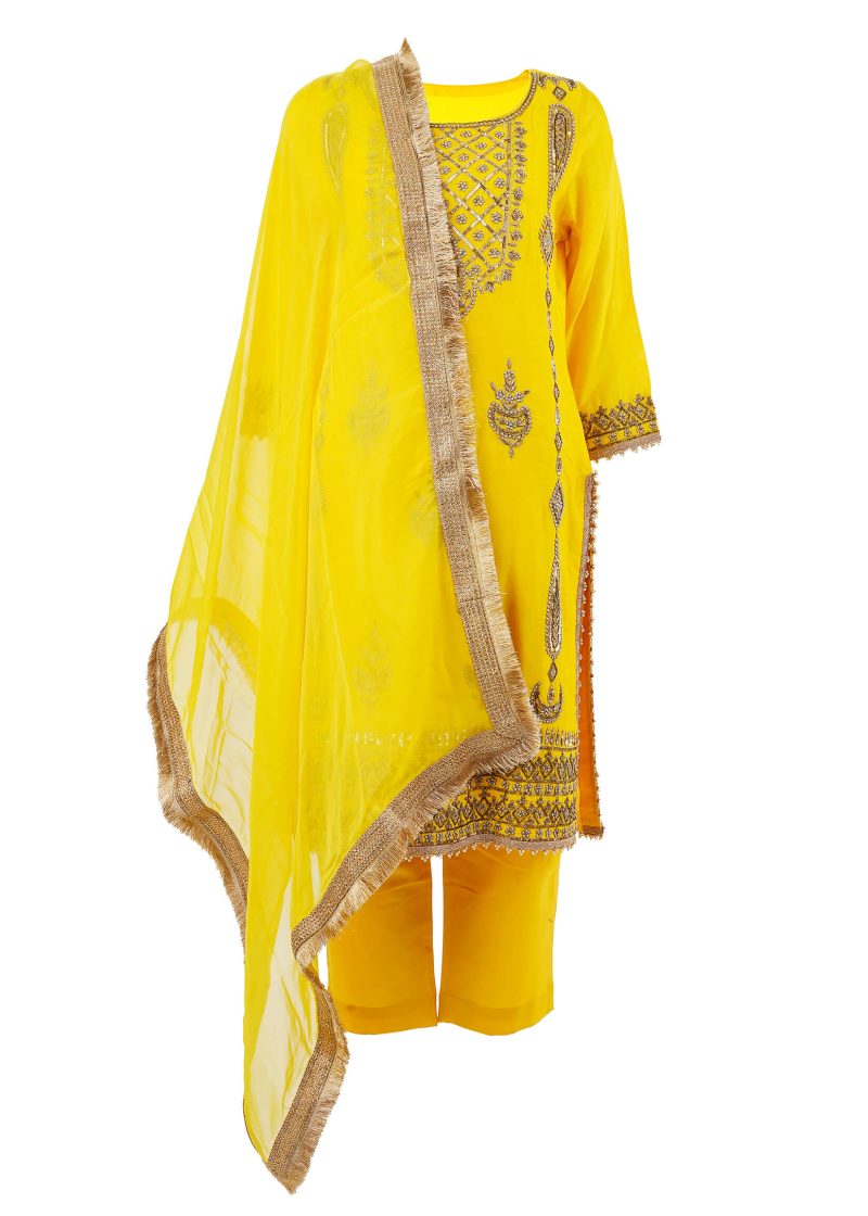 Sonia Ahuja | Yellow | Stitched | Designer Wear | Kurta + Dupatta + Trouser | 3 pc set