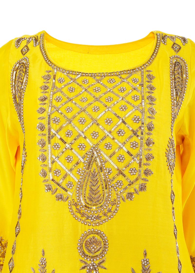 Sonia Ahuja | Yellow | Stitched | Designer Wear | Kurta + Dupatta + Trouser | 3 pc set