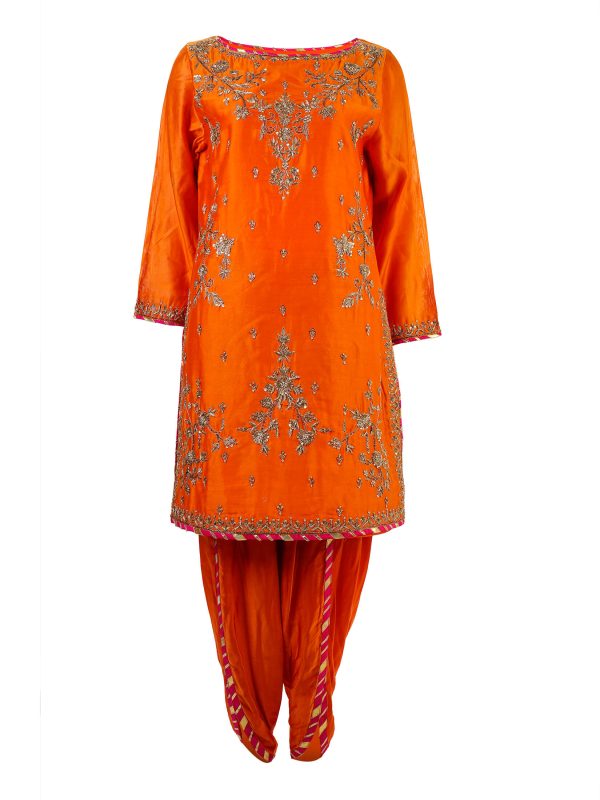 SONIA AHUJA | Orange & Fuchsia Pink | Stitched | Designer Wear | Kurta Set | 3 Pc Set