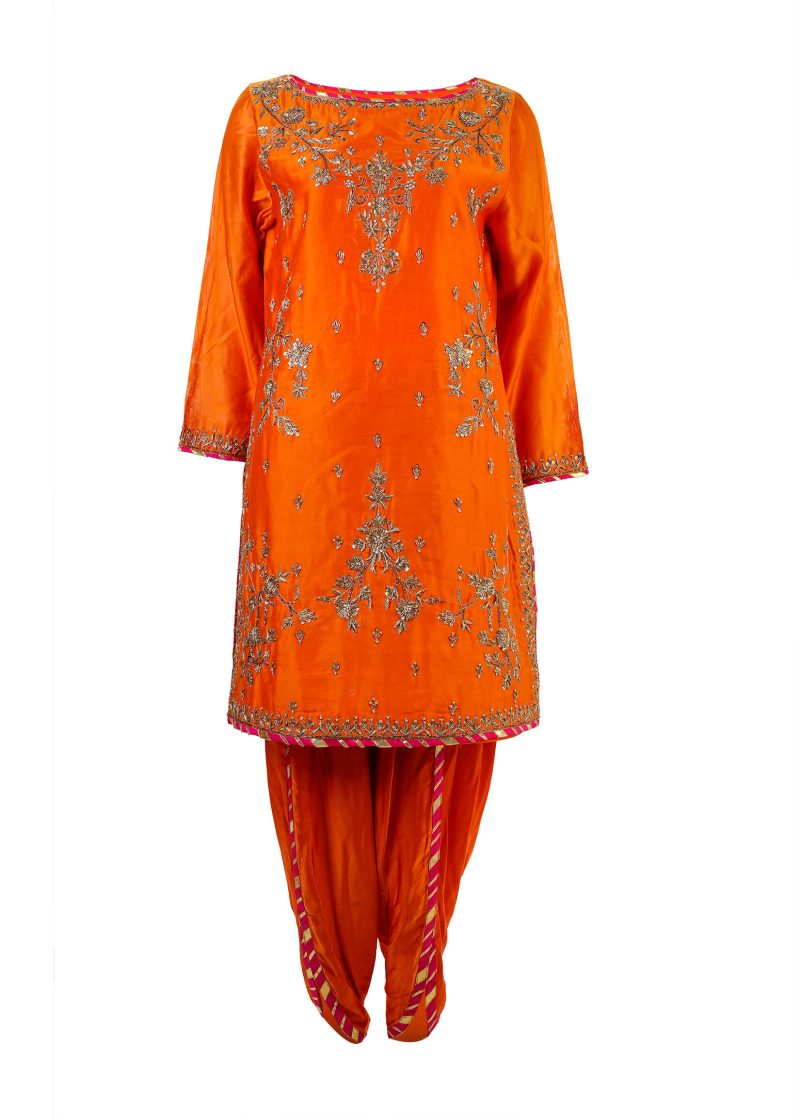 SONIA AHUJA | Orange & Fuchsia Pink | Stitched | Designer Wear | Kurta Set | 3 Pc Set