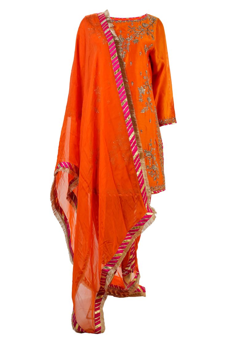 SONIA AHUJA | Orange & Fuchsia Pink | Stitched | Designer Wear | Kurta Set | 3 Pc Set