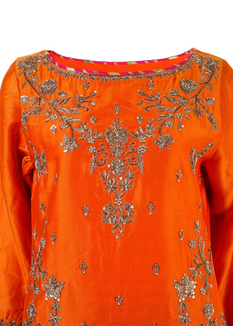 SONIA AHUJA | Orange & Fuchsia Pink | Stitched | Designer Wear | Kurta Set | 3 Pc Set