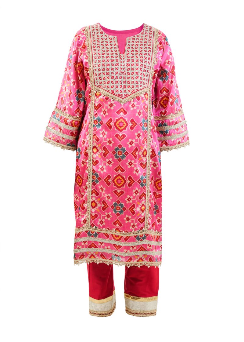 Sonia Ahuja | Pink | Stitched | Designer Wear | Kurta + Dupatta + Trouser | 3 pc set