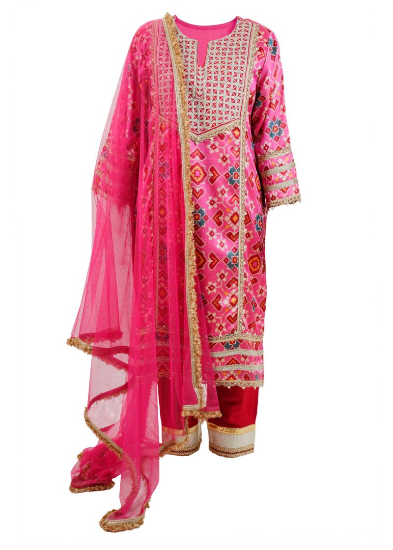 Sonia Ahuja | Pink | Stitched | Designer Wear | Kurta + Dupatta + Trouser | 3 pc set