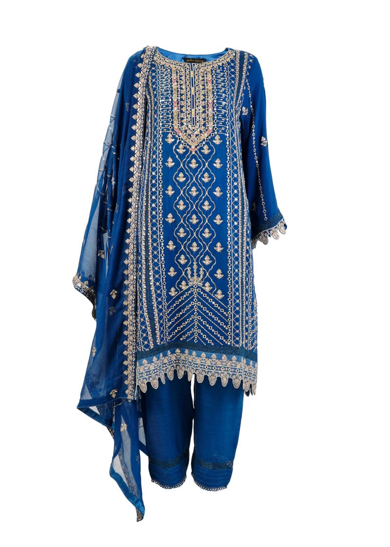 Aagha Noor | Blue | Stitched | Semi Party Wear | Kurta Dupatta Trouser | 3 pc set