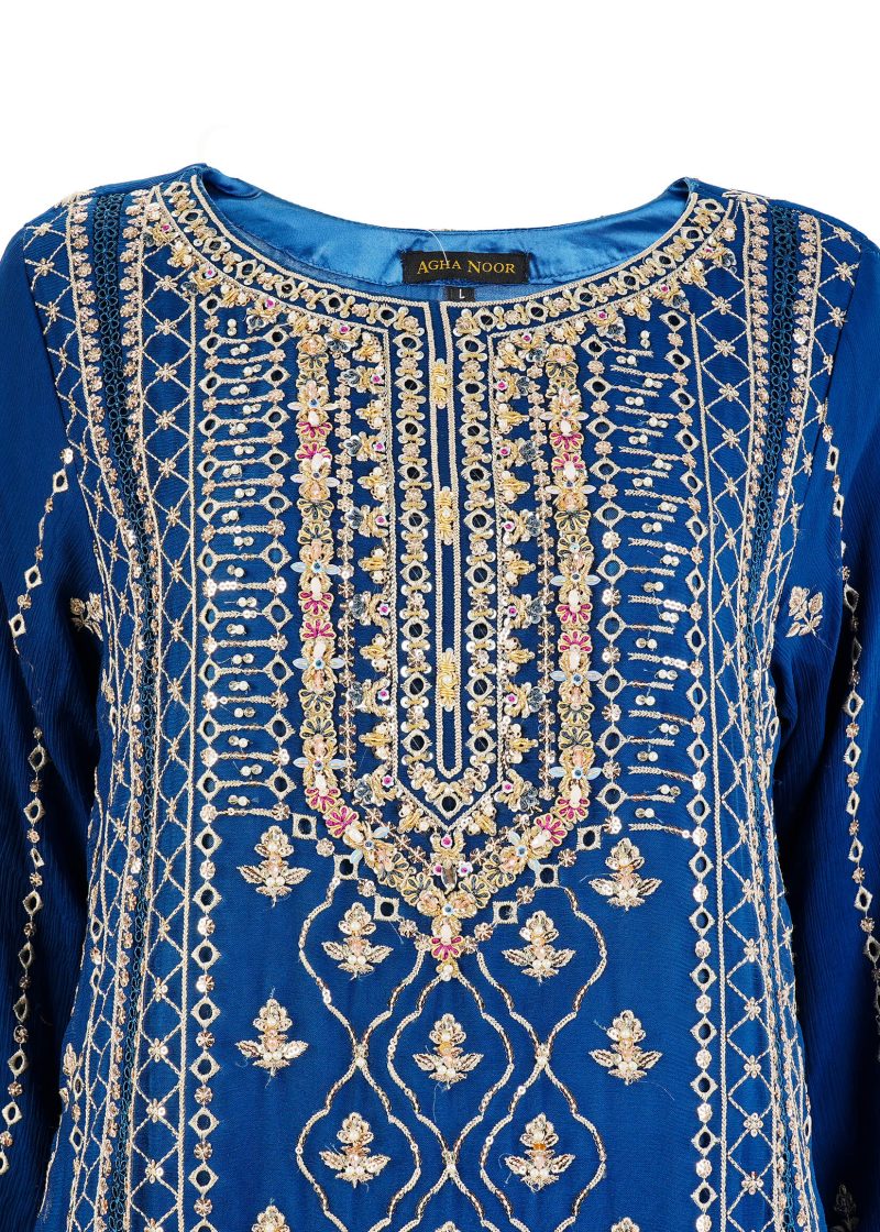 Aagha Noor | Blue | Stitched | Semi Party Wear | Kurta Dupatta Trouser | 3 pc set