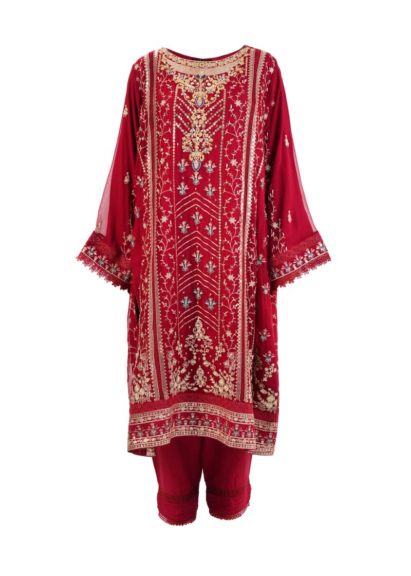 Aagha Noor | Maroon | Stitched | Semi Party Wear | Kurta Dupatta Trouser | 3 pc set