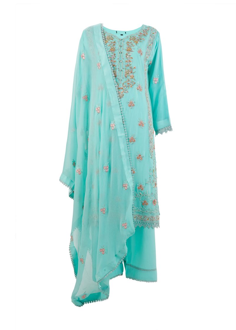 Aagha Noor | Ferozi | Stitched | Semi Party Wear | Kurta Dupatta Trouser | 3 pc set