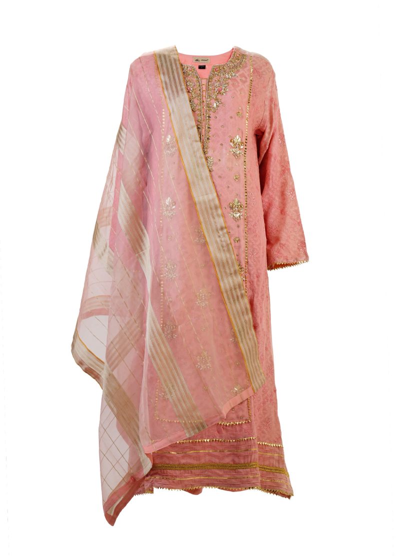 Shamooz | Pink | Stitched | Designer Wear | Kurta Dupatta Trouser | 3 pc set