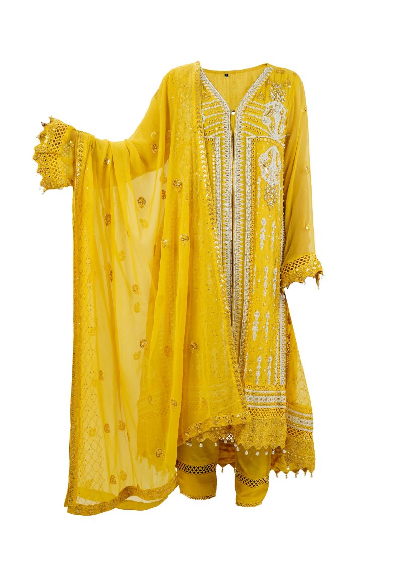 Aagha Noor |Yellow | Stitched | Party Wear | kurta set | 3 pc set