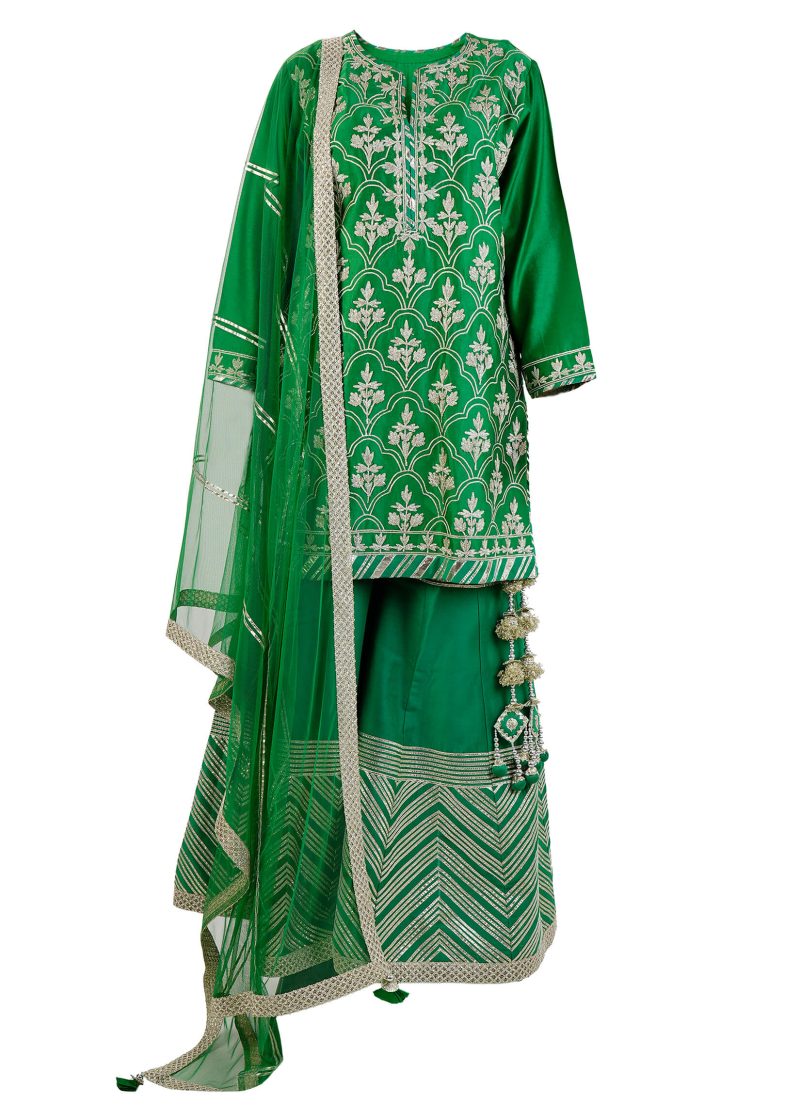 Sonia Ahuja | Green | Stitched | Designer Wear | Kurta + Dupatta + Garara | 3 pc set