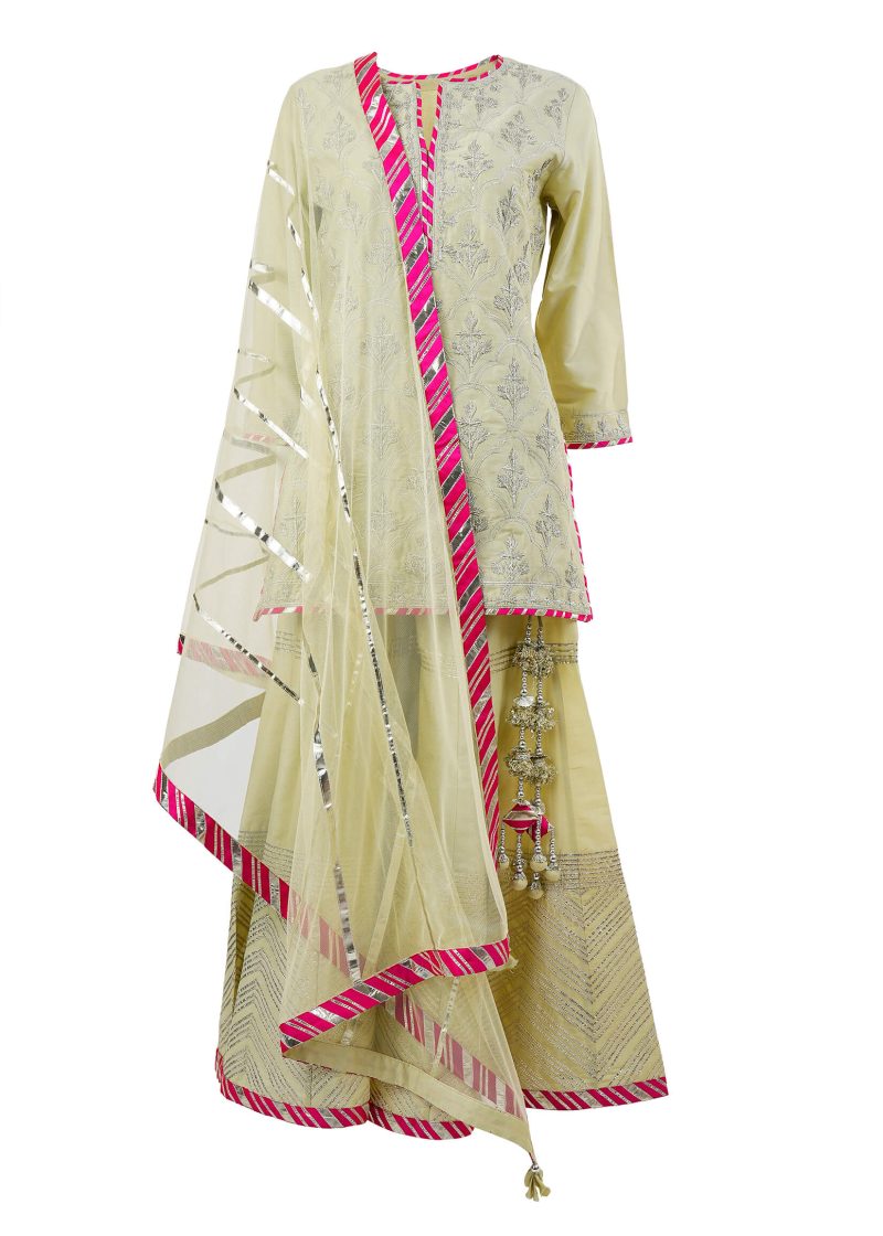 Maysarah Indo Western | Pista Green | Stitched | Party Wear | Kurta Garara Set | 3 pc set