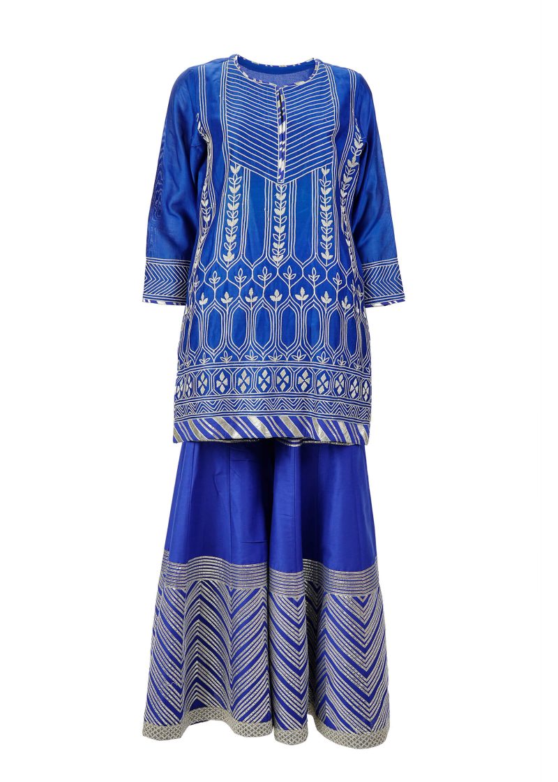 Maysarah Indo Western | Royal Blue | Stitched | Party Wear | Kurta Garara Set | 3 pc set