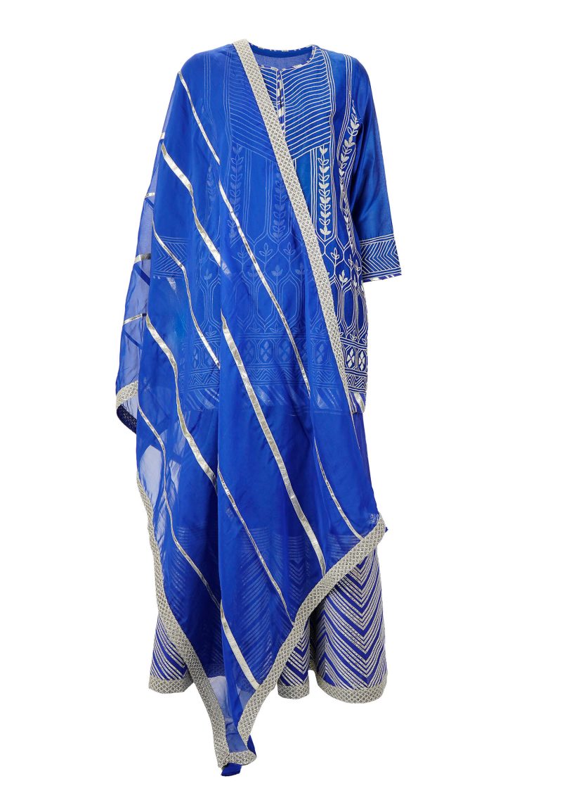 Maysarah Indo Western | Royal Blue | Stitched | Party Wear | Kurta Garara Set | 3 pc set