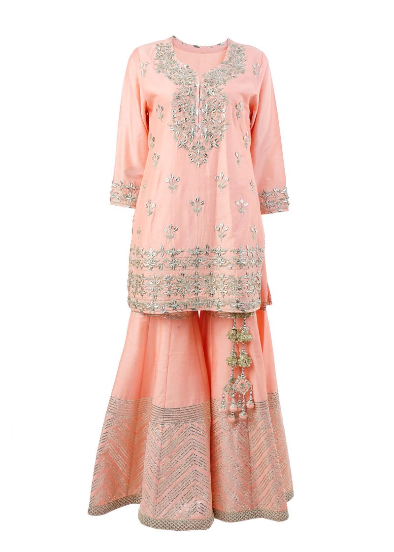 Maysarah Indo Western | Peach | Stitched | Party Wear | Kurta Garara Set | 3 pc set