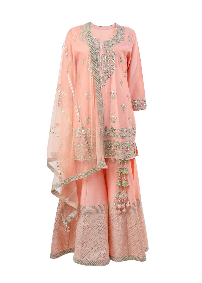 Maysarah Indo Western | Peach | Stitched | Party Wear | Kurta Garara Set | 3 pc set