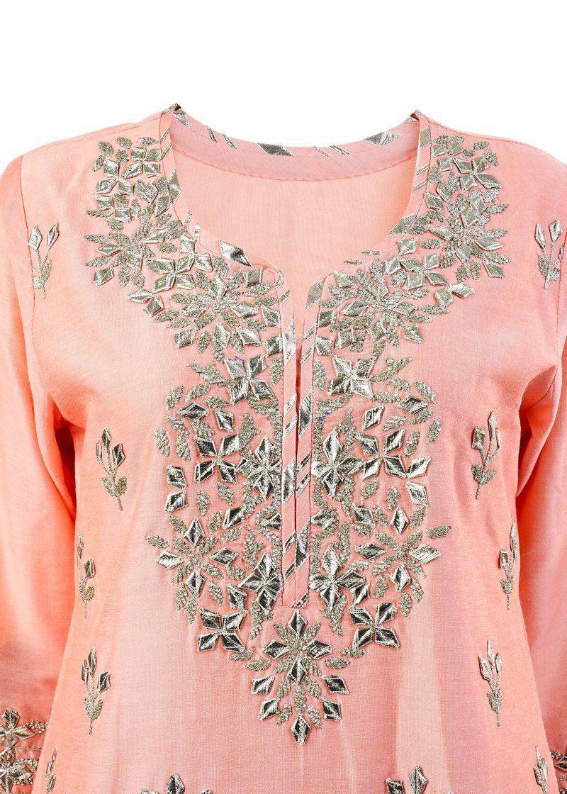 Maysarah Indo Western | Peach | Stitched | Party Wear | Kurta Garara Set | 3 pc set