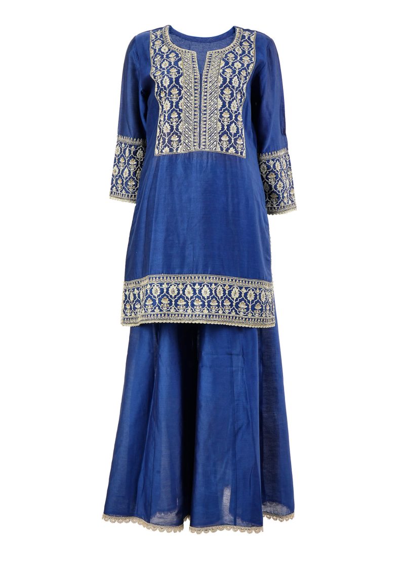 Maysarah Indo Western | Navy Blue | Stitched | Party Wear | Kurta Plazo Set | 3 pc set