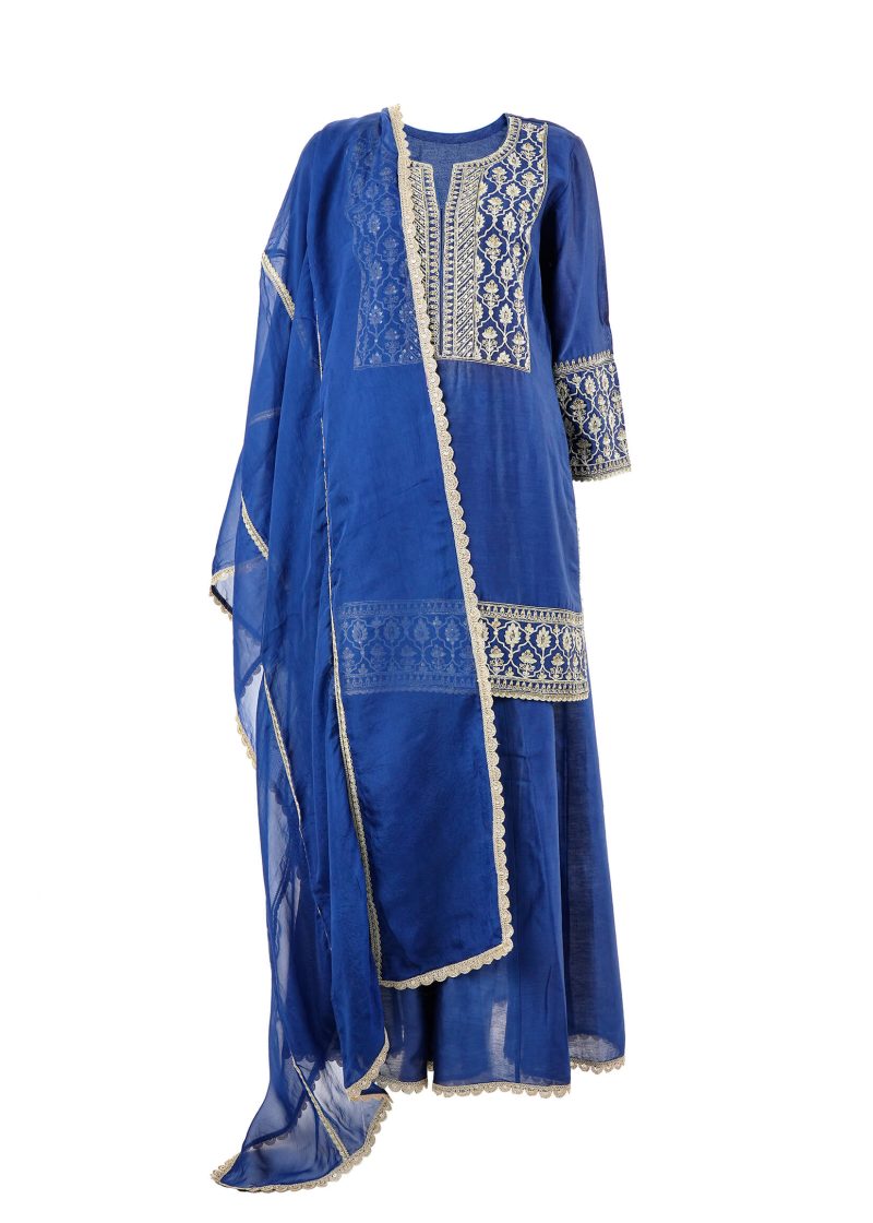 Maysarah Indo Western | Navy Blue | Stitched | Party Wear | Kurta Plazo Set | 3 pc set