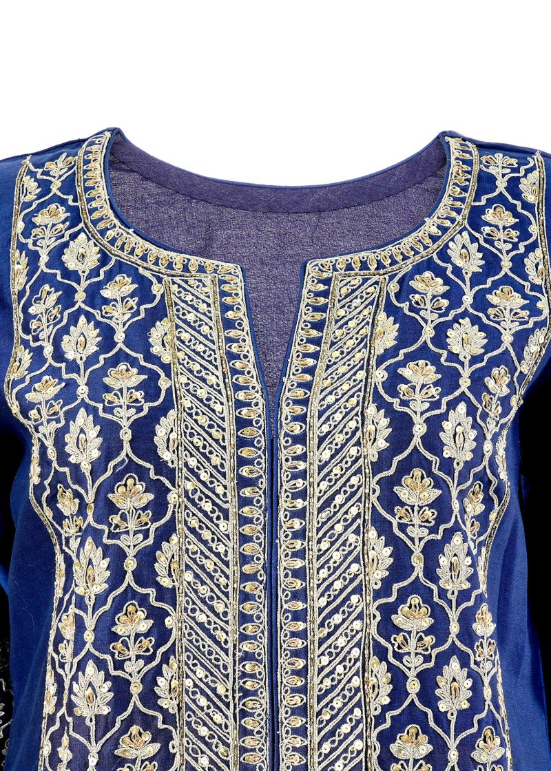 Maysarah Indo Western | Navy Blue | Stitched | Party Wear | Kurta Plazo Set | 3 pc set