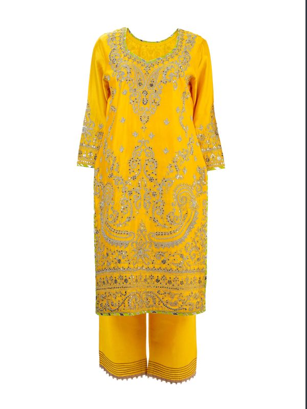 Sonia Ahuja | Yellow | Stitched | Designer Wear | Kurta Dupatta Trouser | 3 pc set