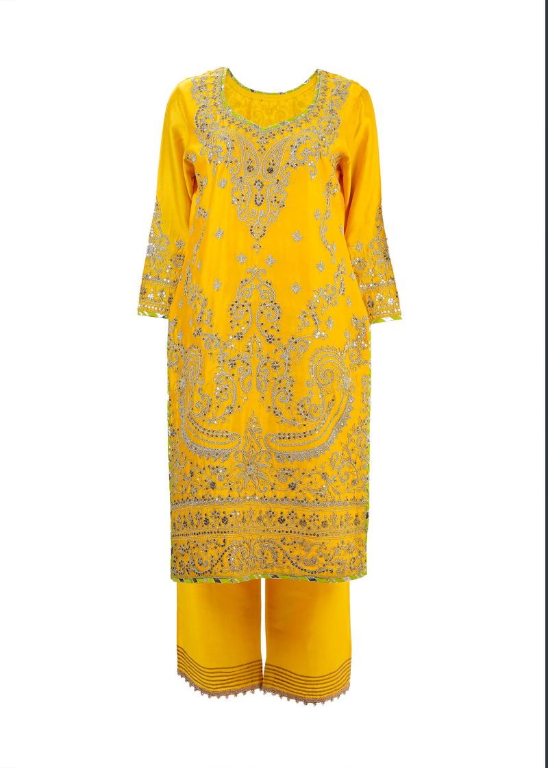 Sonia Ahuja | Yellow | Stitched | Designer Wear | Kurta Dupatta Trouser | 3 pc set