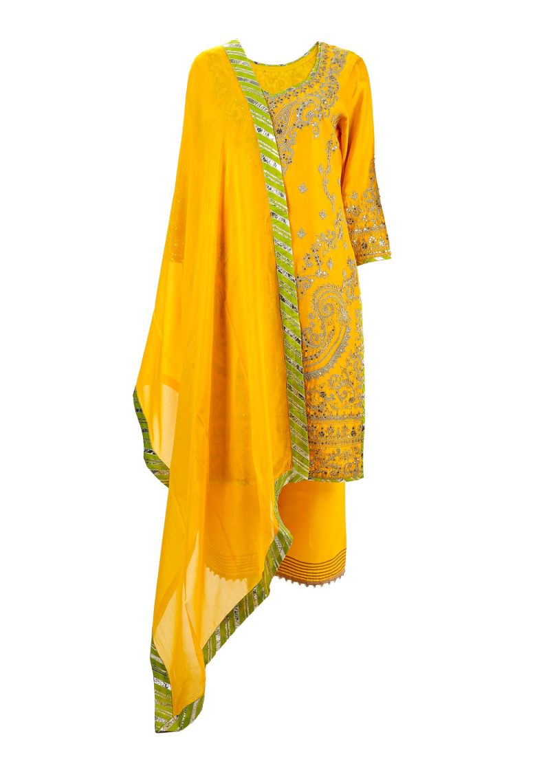 Sonia Ahuja | Yellow | Stitched | Designer Wear | Kurta Dupatta Trouser | 3 pc set