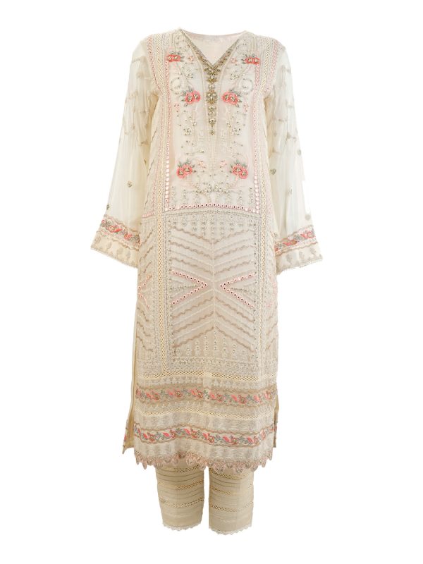 Shamooz | Off White | Stitched | Semi-Party Wear | Kurta + Dupatta + Trouser | 3 PC set