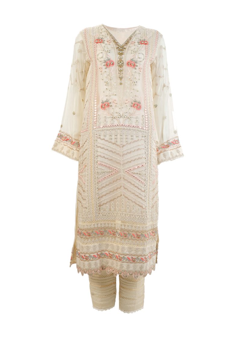 Shamooz | Off White | Stitched | Semi-Party Wear | Kurta + Dupatta + Trouser | 3 PC set