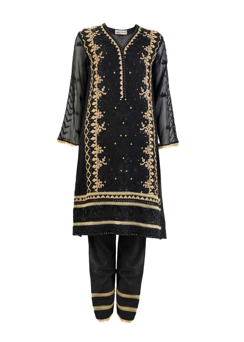 Shamooz | Black | Stitched | Semi-Party Wear | Kurta + Dupatta + Trouser | 3 PC set