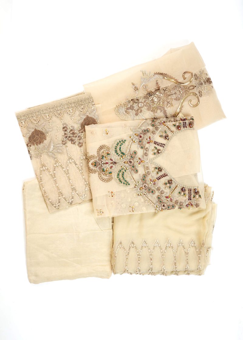 Fancy Gota | Beige | Unstitched | Party Wear | Kurta Dupatta Trouser | 3 pc Set