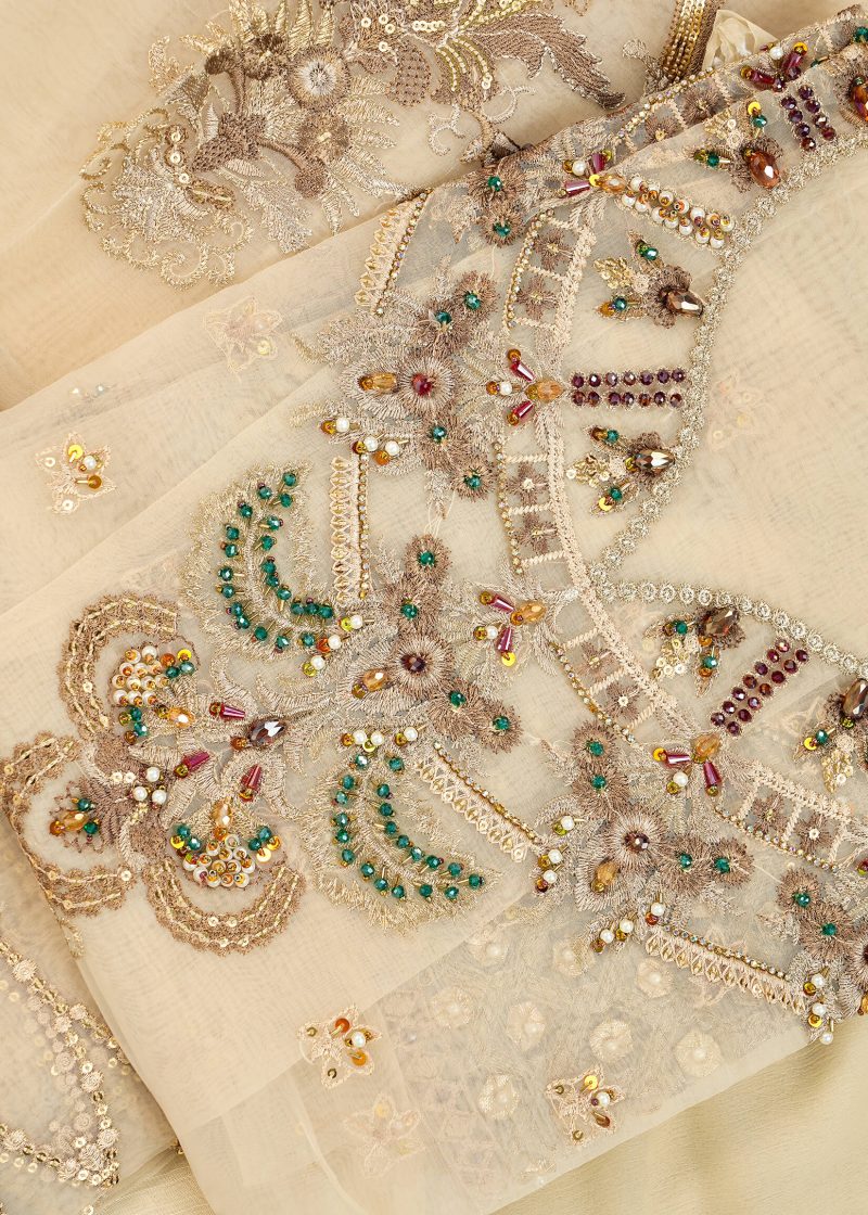 Fancy Gota | Beige | Unstitched | Party Wear | Kurta Dupatta Trouser | 3 pc Set