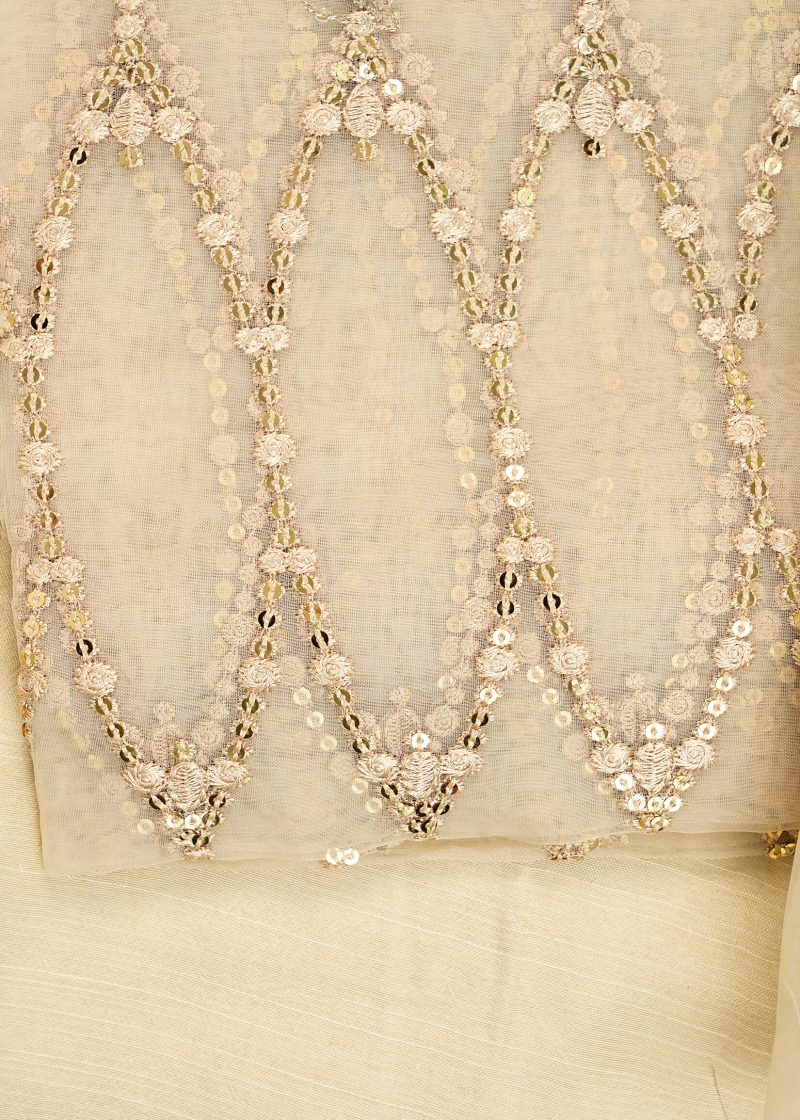 Fancy Gota | Beige | Unstitched | Party Wear | Kurta Dupatta Trouser | 3 pc Set