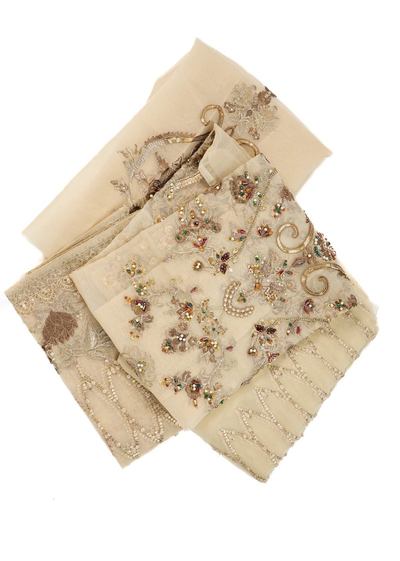 Fancy Gota | Beige | Unstitched | Party Wear | Kurta Dupatta Trouser | 3 pc Set