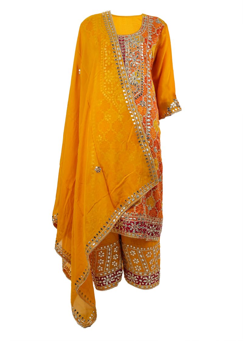 Maysarah Indo Western | Yellow | Semi Stitched | Party Wear | Kurta+Dupatta+Trouser Set | 3 pc set