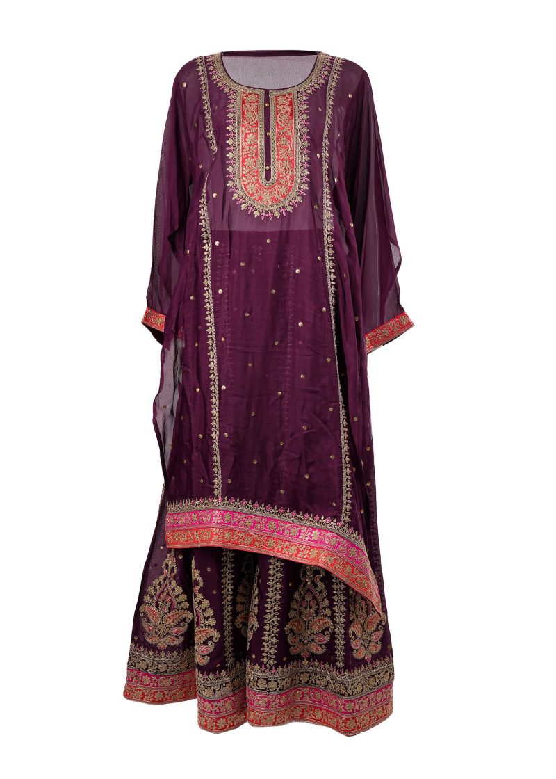 Maysarah Indo Western | Wine | Semi Stitched | Semi Party Wear | Coord Set | 3 pc set