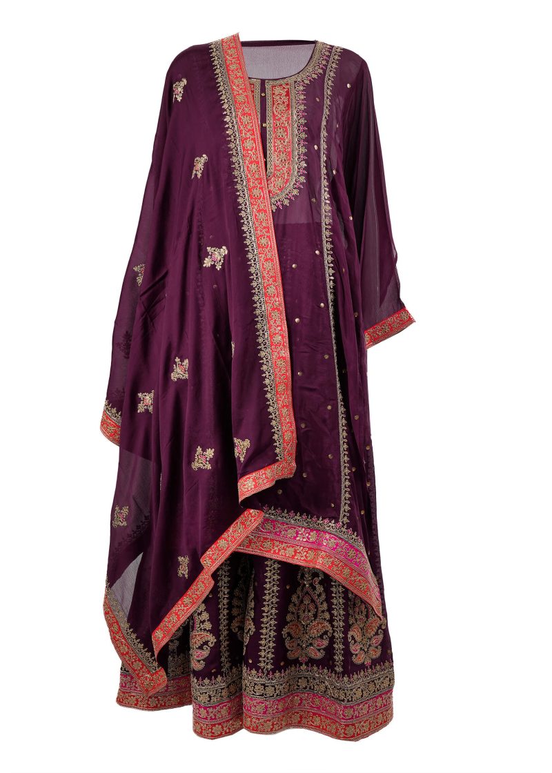 Maysarah Indo Western | Wine | Semi Stitched | Semi Party Wear | Coord Set | 3 pc set