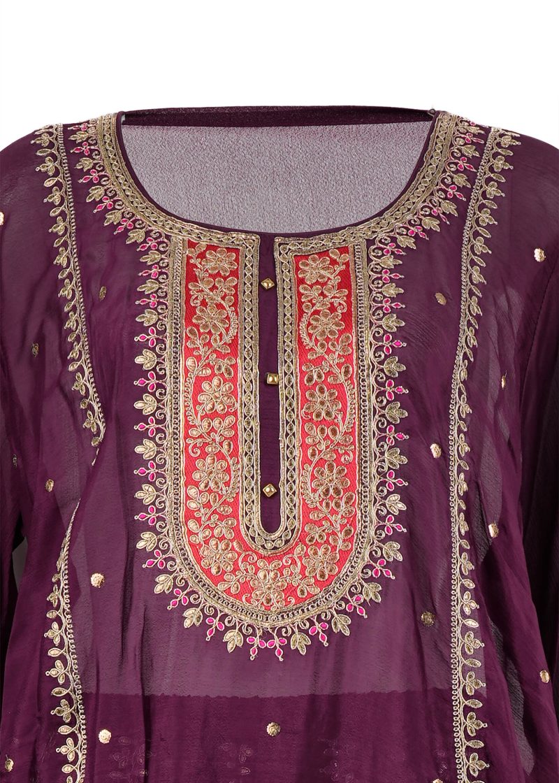 Maysarah Indo Western | Wine | Semi Stitched | Semi Party Wear | Coord Set | 3 pc set