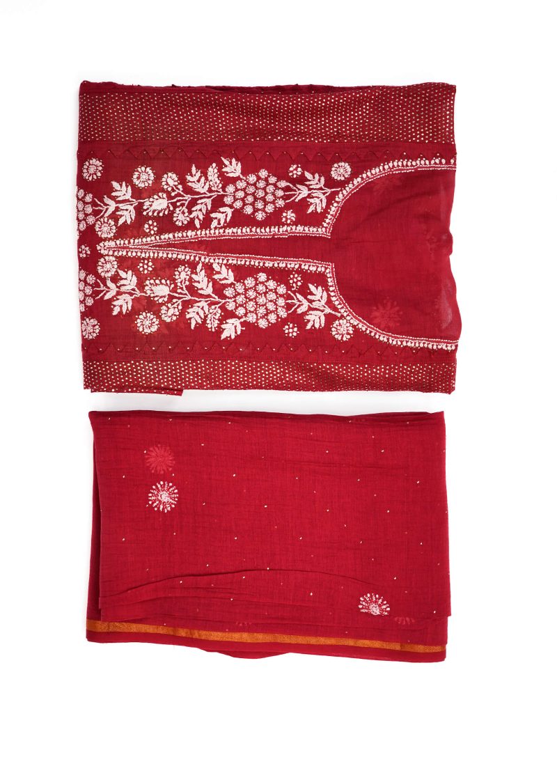 Maysarah Lucknowi | Red | Semi Stitched | Kurta dupatta | Daily Wear | 2 pc set.