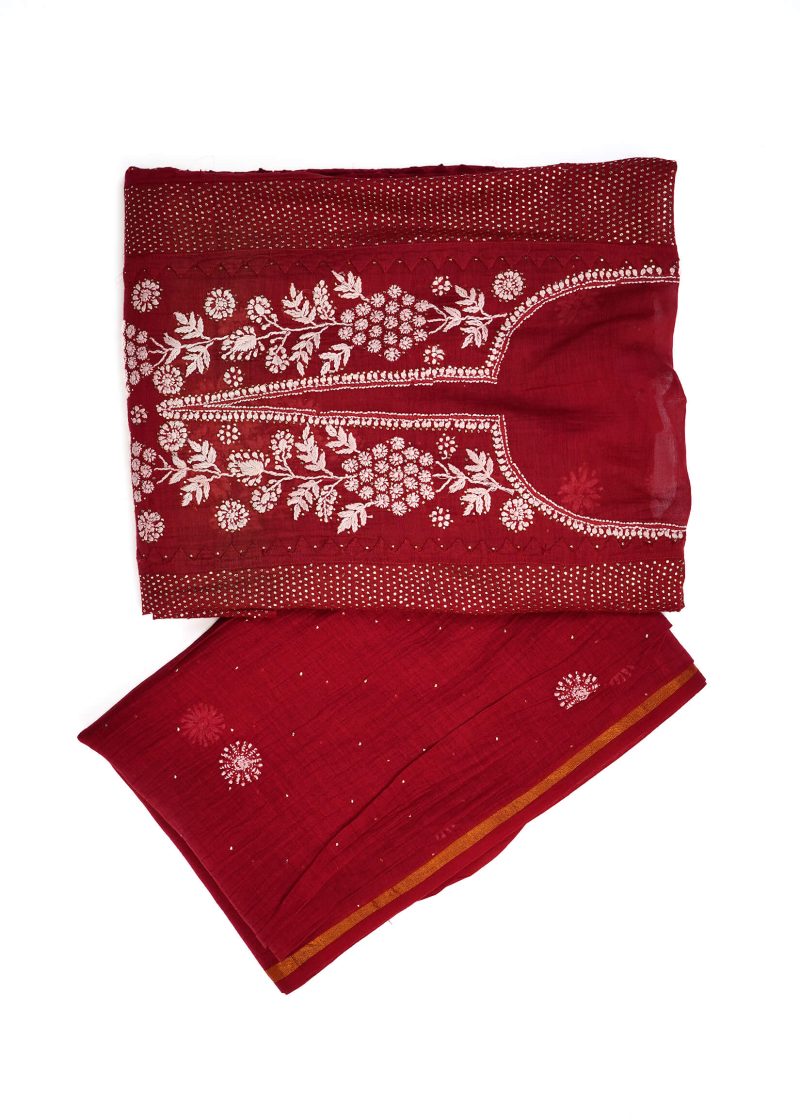 Maysarah Lucknowi | Red | Semi Stitched | Kurta dupatta | Daily Wear | 2 pc set.