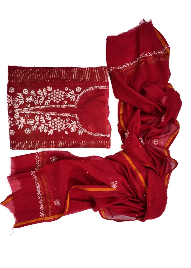 Maysarah Lucknowi | Red | Semi Stitched | Kurta dupatta | Daily Wear | 2 pc set.