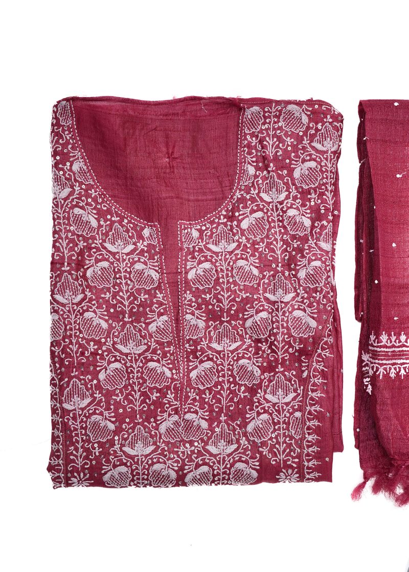Maysarah Lucknowi | Red Maroon | Semi stitched | Festival wear | Kurta Dupatta Style | 2 pc set