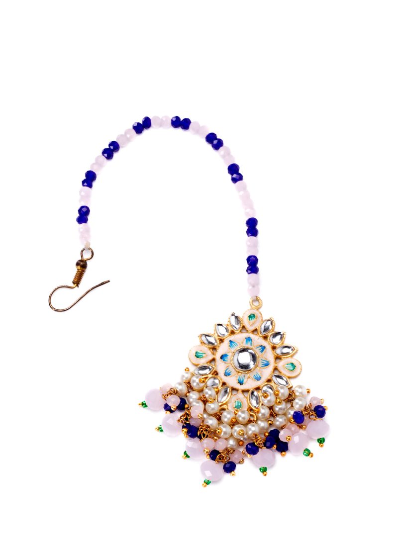 Kundan Choker Set with Emerald Green Tassels | White Lulu | and Earrings in Silver