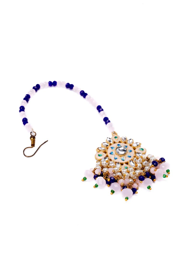 Kundan Choker Set with Emerald Green Tassels | White Lulu | and Earrings in Silver